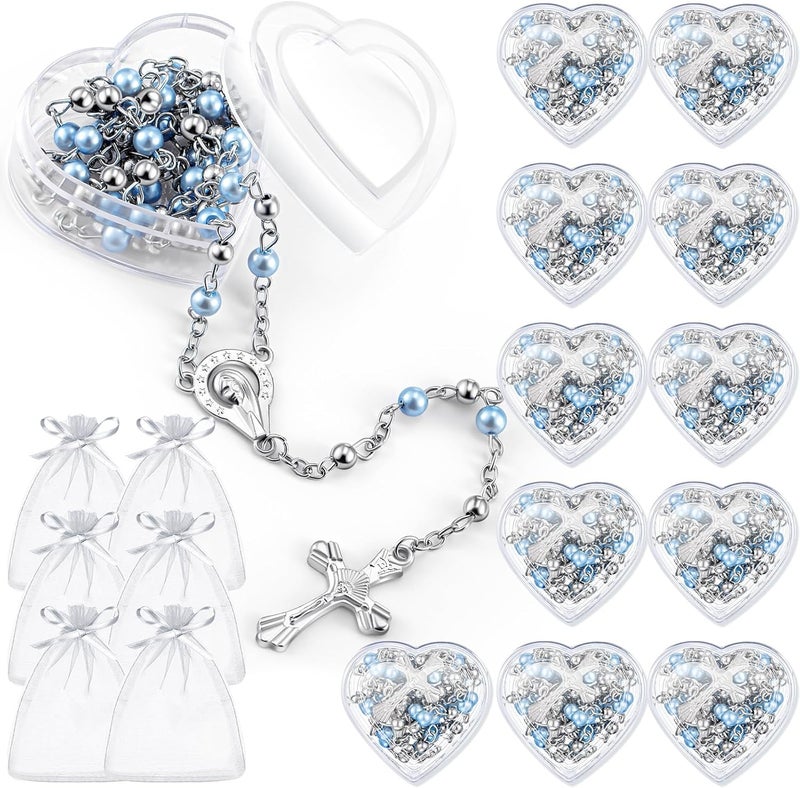 ROCEEI Store Catholic Rosary Necklace 4 mm Glass Beads Rosary Favors Crucifix Prayer with Faux Pearl with Heart Shaped Box and Organza Bag for First Communion Baptism - Image 1